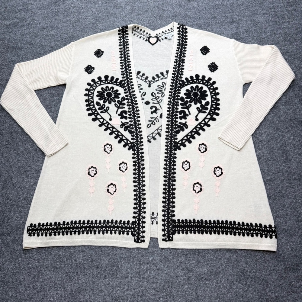 Johnny Was Silk Cashmere Heart Floral Embroidered Cardigan Cream XS M63724